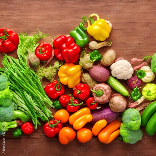 Various vegetables on a wooden background. products with vitamins. healthy food - generative ai