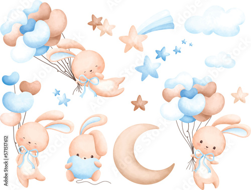 Watercolor Illustration set of cute rabbit and balloons