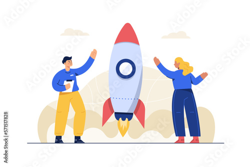 Cartoon style. Business success comes from the cooperation of many parties. Like a rocket propelled by pressure