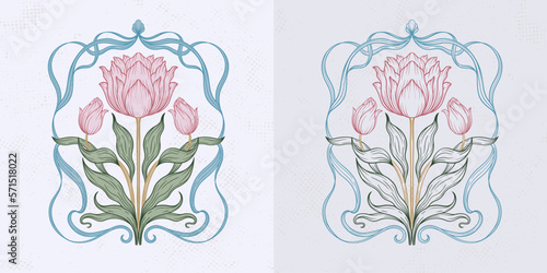 Frame with a tulip patel color in the style of Art Nouveau. Beautiful vintage floral composition 1920-1930 years.