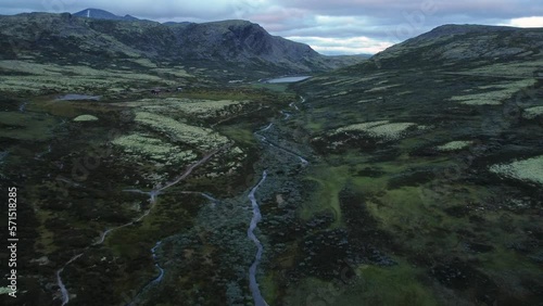 Green Meadows In Rondane National Park, Norway. Aerial View
 photo