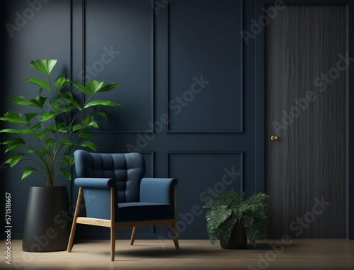 Creative composition of modern living room interior mockup design with blue sofa and elegant home accessories. Dark blue wall color. Home staging and plant. Template. Copy space. 3d Render.