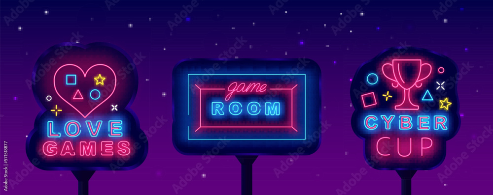 Obraz premium Game design neon street billboards set. Cyber cup banner. Game room and love games. Vector stock illustration