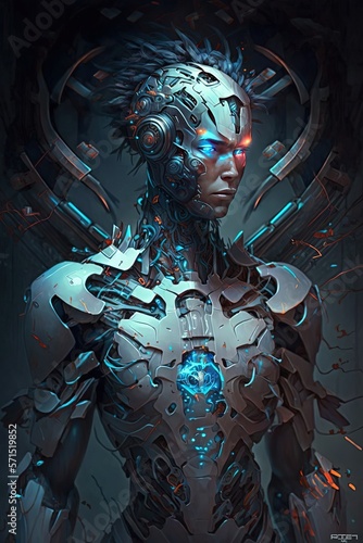 An Illustration of a Futuristic Sci-fi Robotic Humanoid Cyborg Mixing Tecnhnology and Humans