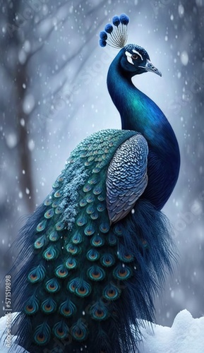 Graceful peacock in snow. Animal in winter scenes. Generative ai.