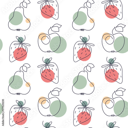 Healthy food abstract seamless pattern. Line art fruit and berry. Summer wallpaper.