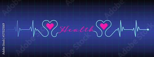 Healthy heart concept, ekg line, health text vector on blue medical background. Healthcare symbol to use in health industry, cardiology, medical science, hospital, healthcare projects. 