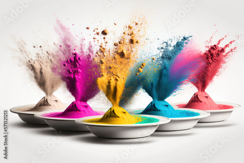 Explosion of color Holi powder in bowl on white background, Indian Holi festival, Colored cloud. Colorful dust explode. AI Generative.