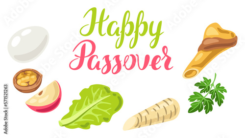 Happy Pesach Jewish Passover plate greeting card. Holiday background with traditional symbols.