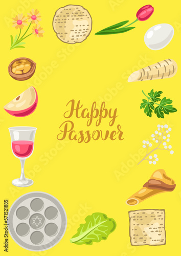 Happy Pesach Jewish Passover plate decorative frame. Holiday background with traditional symbols.