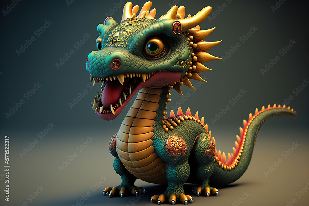 Fototapeta premium Cute cartoon chinese dragon 3D rendering style. Generative AI illustration.