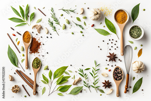 Culinary herbs and spices flat lay design, copy space, Generative AI.