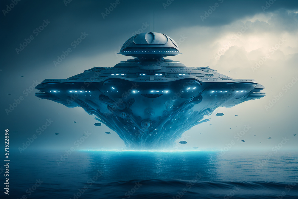 Unidentified alien fantasy object in the sea. AI generated image Unidentified alien fantasy object in the sea. AI generated image