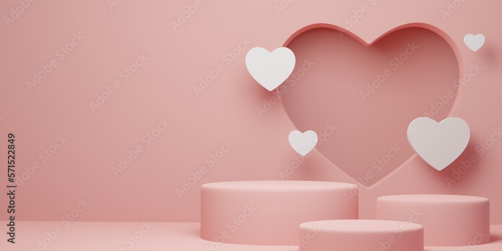 Pink podium with background for product presentation, copy space. 3d rendering. Valentine concept.