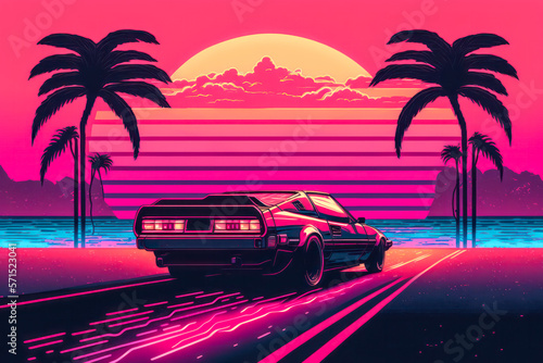 Synthwave 80s retro design with sports car driving into sunset. Generative AI.