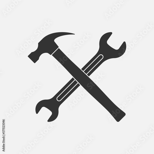 Repair service symbol. Crossed hammer and wrench graphic sign. Working tools sign isolated on white background. Vector illustration