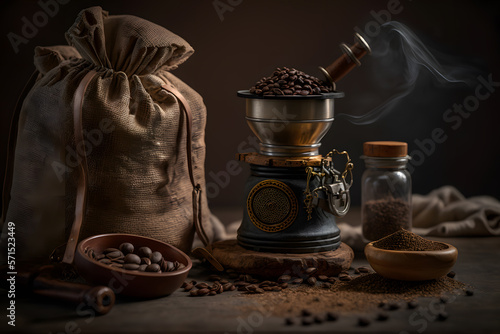 Arabic coffee beans in bag and grinder with ground coffee drink photography made with Generative AI