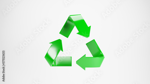 3d render of a green recycling symbol on a white background.