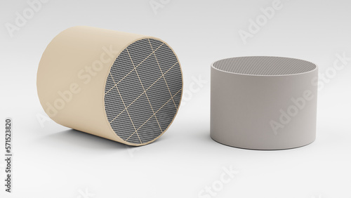 3D render of NOX converter and DPF particulate filter which are used in pair to reduce diesel engine emissions.