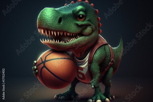 Cute dinosaur basketball player on the pitch. Generative AI illustration.