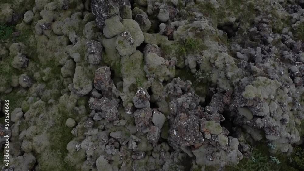 Moss covered cliff in Iceland, aerial downwards view Moss covered cliff in Iceland, aerial downwards view
