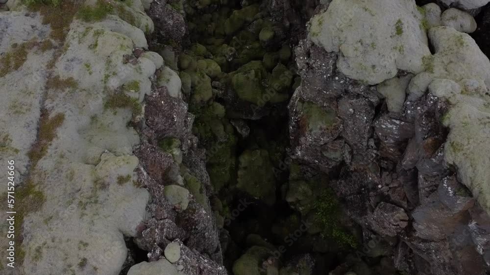 Beautiful landscape with deep rocky fissure on volcanic lava field covered by green moss and lichens Beautiful landscape with deep rocky fissure on volcanic lava field covered by green moss and lichens