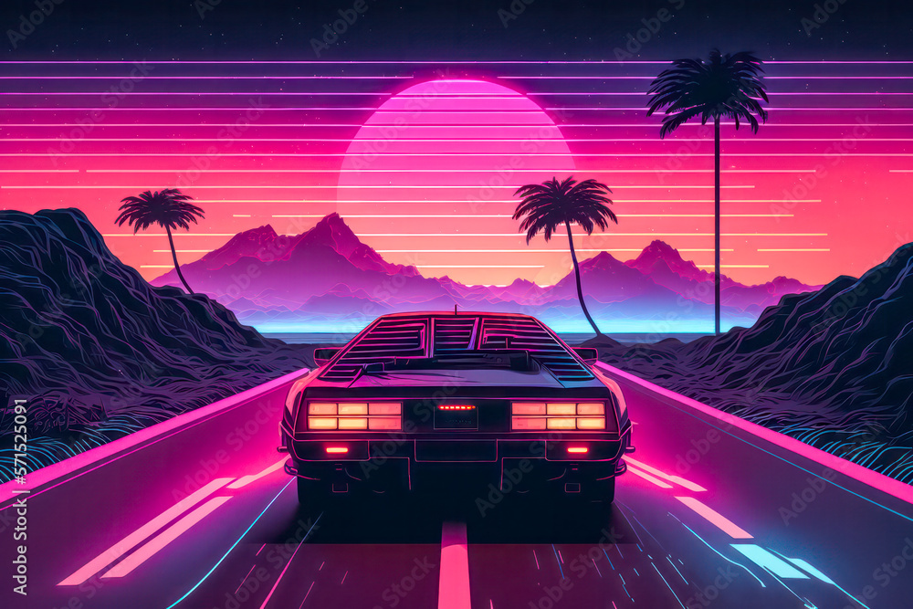 Summer vibes 80s style illustration with car driving into sunset. Generative AI. - obrazy, fototapety, plakaty 