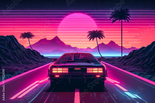 Summer vibes 80s style illustration with car driving into sunset. Generative AI.