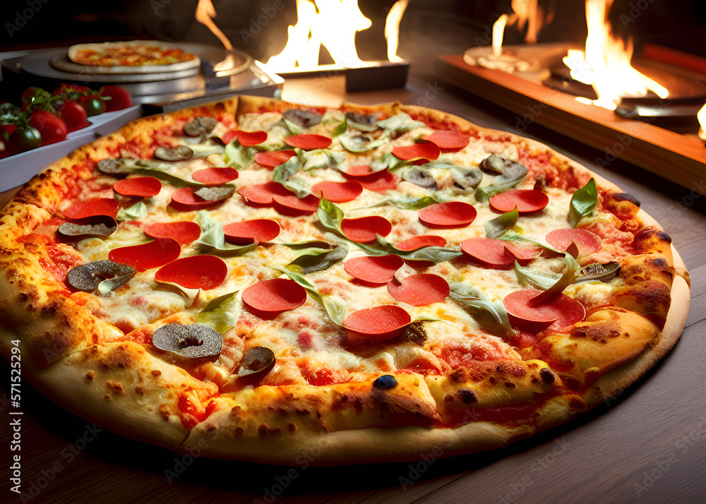 pizza on a wooden table with fire