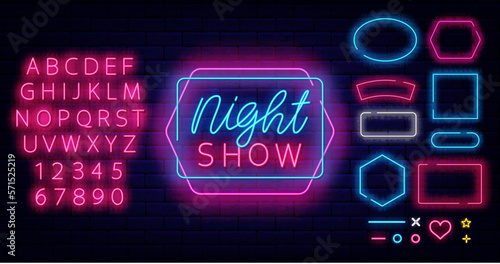 Night show neon geometric label. Dusk performance flyer. Luminous pink alphabet. Vector stock illustration