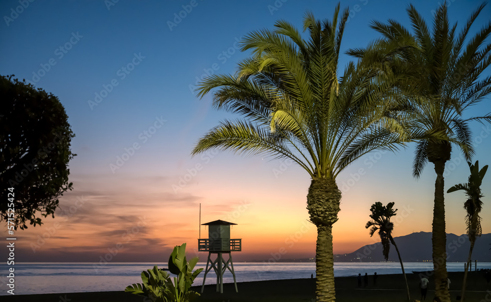 Obraz premium Sunset view of a Mediterranean beach in Cala del Moral in Malaga, southern Spain, with lush palm trees and silhouette of lifeguard tower.