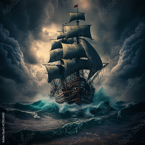 Tela Pirate ship during a storm with a cloudy sky. Generative AI