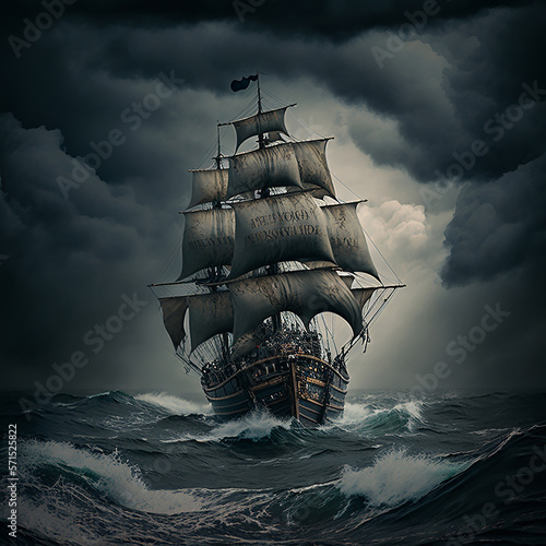 Pirate ship sailing through a violent storm. Generative AI photo