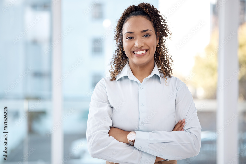 Business, success and portrait of black woman with smile, crossed arms and happy for vision, ideas and startup. Corporate leader, office and female entrepreneur in Mexico for goals, mission and pride Business, success and portrait of black woman with smile, crossed arms and happy for vision, ideas and startup. Corporate leader, office and female entrepreneur in Mexico for goals, mission and pride