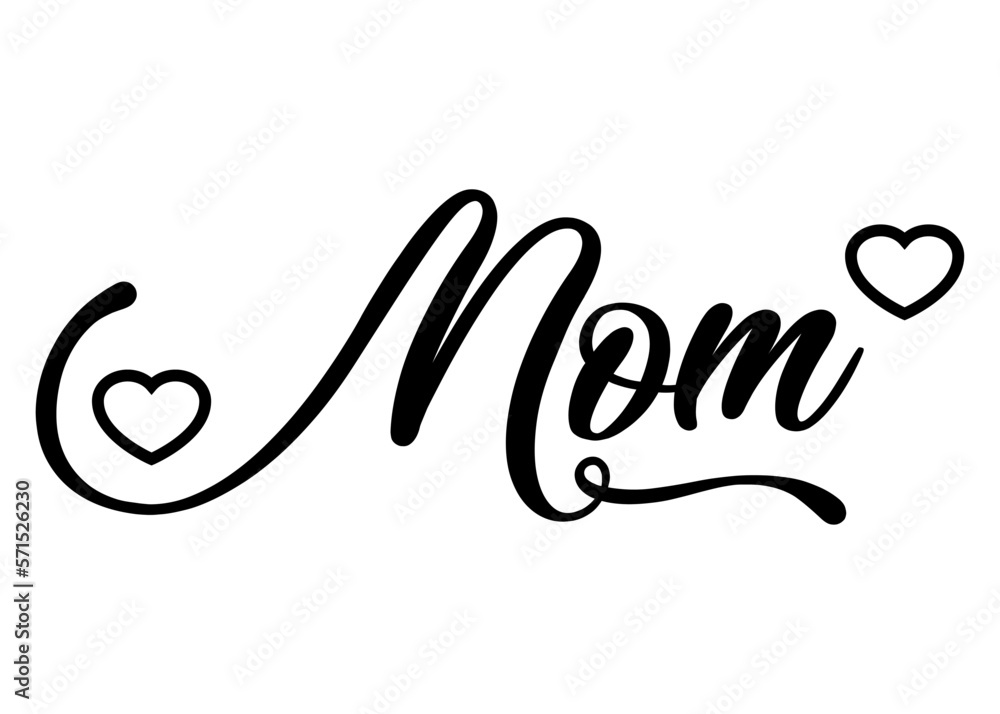 Día de la Madre. Letras de la palabra mom con corazones. Texto manuscrito mom para su uso en felicitaciones y tarjetas Día de la Madre. Letras de la palabra mom con corazones. Texto manuscrito mom para su uso en felicitaciones y tarjetas