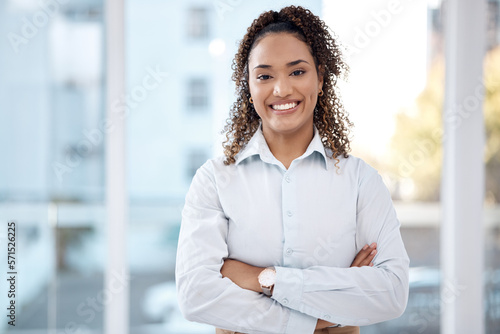 Business, success and portrait of black woman with smile, crossed arms and happy for vision, ideas and startup. Corporate leader, office and female entrepreneur in Mexico for goals, mission and pride