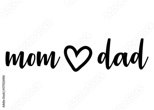 Letras de la palabra mom dad en texto manuscrito y silueta de corazón para su uso en felicitaciones y tarjetas