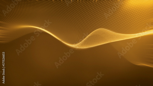 Golden Data wave in the metaverse. Particles wave background with gold led light. Cloud computing concept.