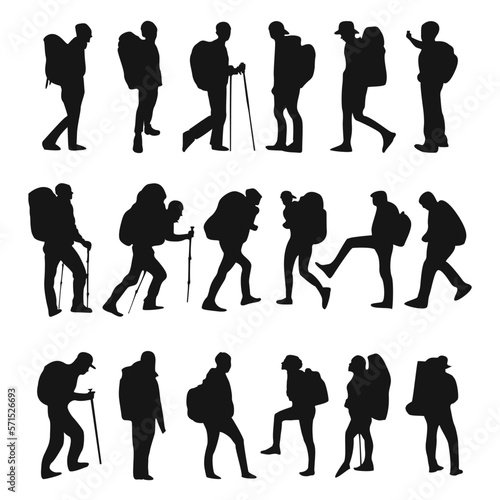 Set of vector silhouettes of mountaineers using backpacks.