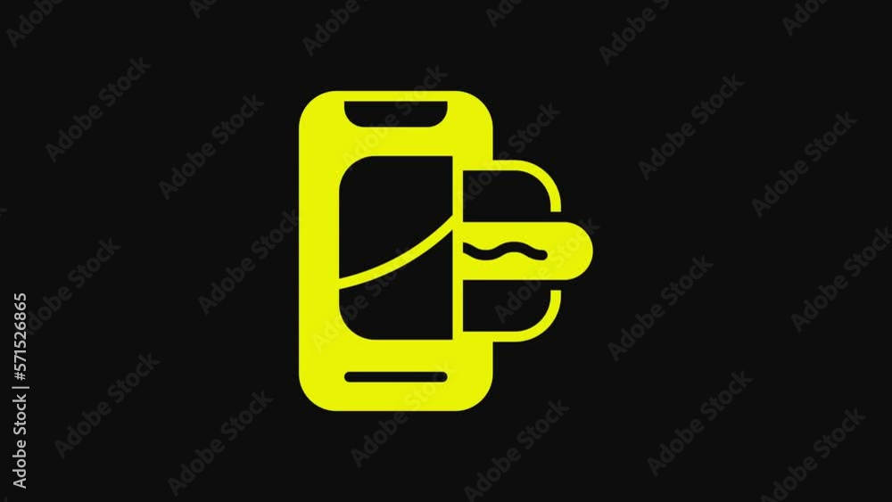 Yellow Food ordering on mobile icon isolated on black background. Order by mobile phone. Restaurant food delivery concept. 4K Video motion graphic animation Yellow Food ordering on mobile icon isolated on black background. Order by mobile phone. Restaurant food delivery concept. 4K Video motion graphic animation