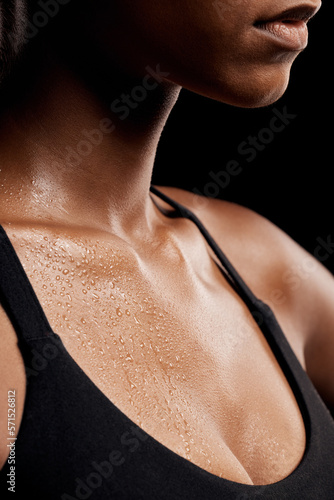 Obraz na plátně Fitness, sweat and chest of a woman in a studio after an intense workout or sport training