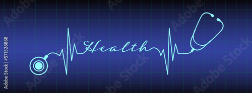 Abstract stethoscope design, health text, ekg line illustration background. Healthcare background to use in health industry, cardiology, medical care, hospital, health science projects.
