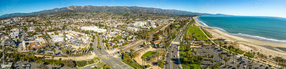 Santa Barbara Aerial Panorama. Scenic shot of Pier and beach