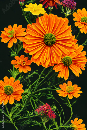 Colourful decorative hand-drawn watercolor marigold flower composition on dark background. Generative AI