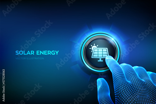 Solar energy. Solar PV panel power plant station icon. Renewable sustainable photovoltaic solar park energy generation concept. Closeup finger about to press a button. Vector illustration.