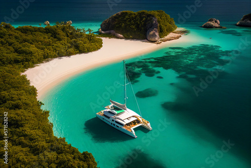 Aerial view of catamaran boat and remote tropical beach island paradise created with generative AI