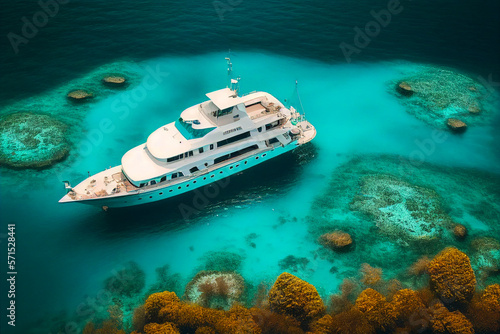 Aerial view of luxury yacht anchored in tropical turquoise water created with generative AI