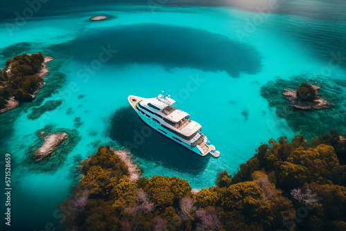 Aerial view of luxury yacht and beach paradise created with generative AI