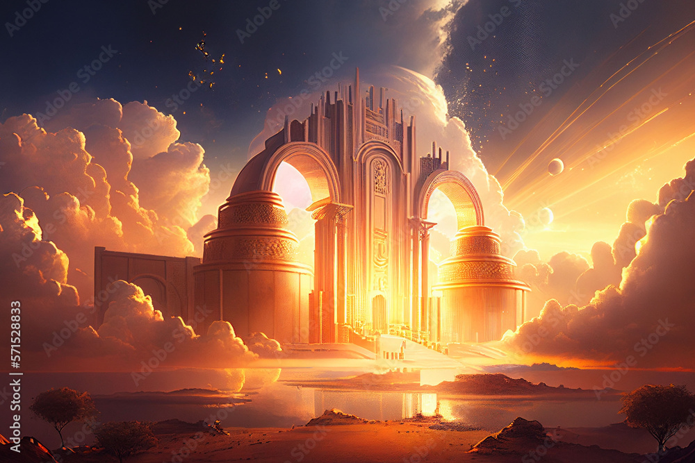 abstract new city in heaven, paradise city, afterlife, symbol of