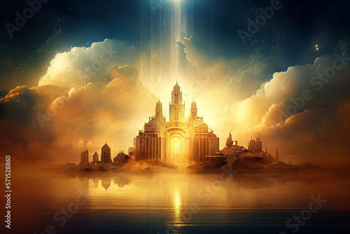 abstract new city in heaven, paradise city, afterlife, symbol of christianity, generative ai photo